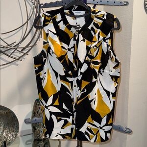 Nine West Black White Yellow Floral Blouse